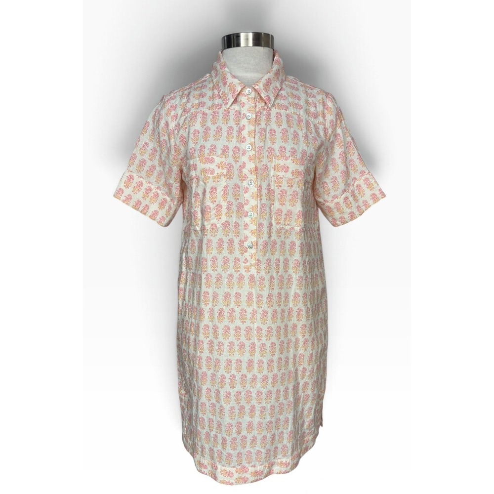 Faherty Taj Linen Blend Floral Shirt Dress Pink Cream Button Front Resort Midi